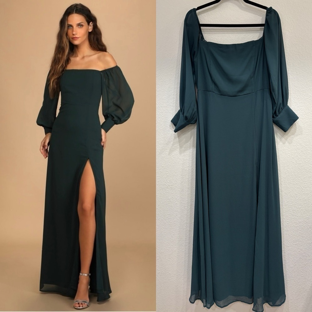 NWOT Lulus Feel the Romance Emerald Green Off-the-Shoulder Maxi Dress